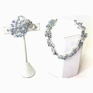 Vintage Lisner Necklace Brooch set Silver Tone Blue Rhinestone AB crystals READ